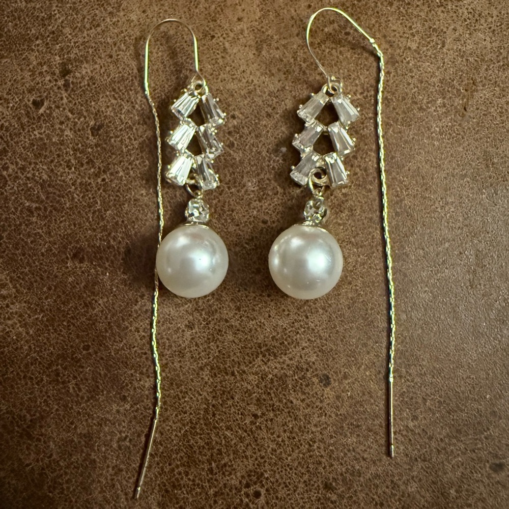 Clear rhinestone crystal faux diamond pearl earrings threaded cocktail formal